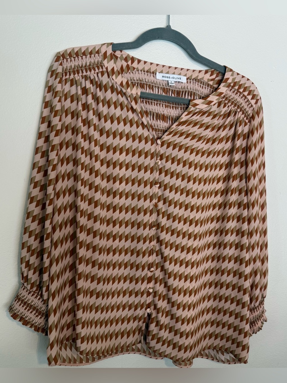 Rose & Olive Tan and Brown Chevron Button-Down Blouse